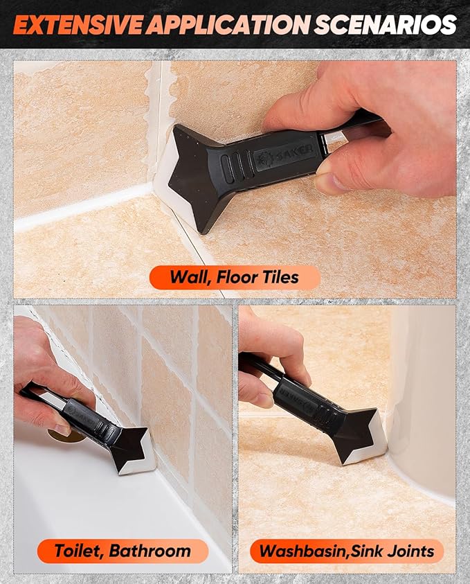 Saker Silicone Caulking Tools-3 in 1 Sealant Finishing Tool Grout Remove Scraper Caulk Remover Glass Glue Angle Scraper for Bathroom,Kitchen,Floor,Window,Sink Joint,Frames Seal (Black Blue)