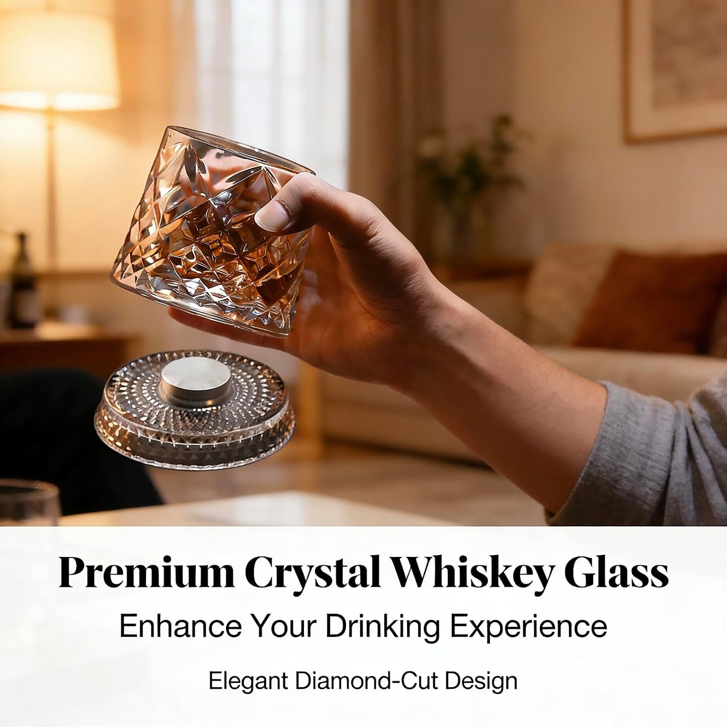Rotating Whiskey Glass with Base for 360-Degree Rotation 9 Oz Old Fashioned Spinning Whiskey Glasses for Scotch Cocktail Rum Cognac Vodka Liquor, Unique Gifts for Men (Diamond)
