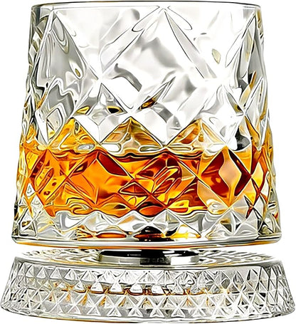 Rotating Whiskey Glass with Base for 360-Degree Rotation 9 Oz Old Fashioned Spinning Whiskey Glasses for Scotch Cocktail Rum Cognac Vodka Liquor, Unique Gifts for Men (Diamond)