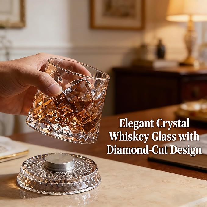 Rotating Whiskey Glass with Base for 360-Degree Rotation 9 Oz Old Fashioned Spinning Whiskey Glasses for Scotch Cocktail Rum Cognac Vodka Liquor, Unique Gifts for Men (Diamond)