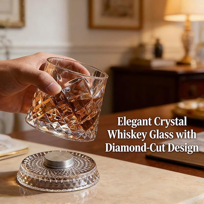 Rotating Whiskey Glass with Base for 360-Degree Rotation 9 Oz Old Fashioned Spinning Whiskey Glasses for Scotch Cocktail Rum Cognac Vodka Liquor, Unique Gifts for Men (Diamond)