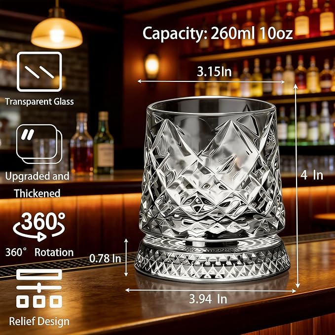 Rotating Whiskey Glass with Base for 360-Degree Rotation 9 Oz Old Fashioned Spinning Whiskey Glasses for Scotch Cocktail Rum Cognac Vodka Liquor, Unique Gifts for Men (Diamond)