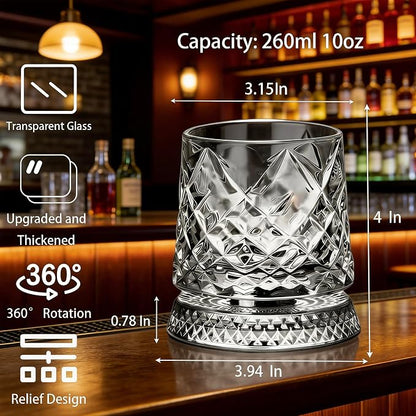 Rotating Whiskey Glass with Base for 360-Degree Rotation 9 Oz Old Fashioned Spinning Whiskey Glasses for Scotch Cocktail Rum Cognac Vodka Liquor, Unique Gifts for Men (Diamond)