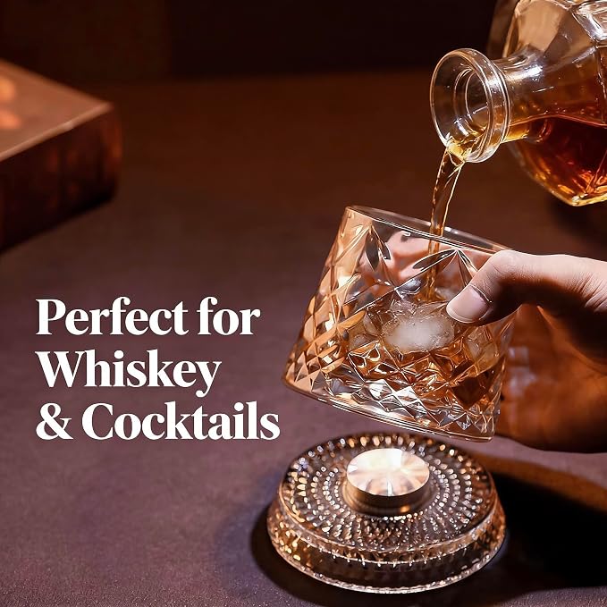 Rotating Whiskey Glass with Base for 360-Degree Rotation 9 Oz Old Fashioned Spinning Whiskey Glasses for Scotch Cocktail Rum Cognac Vodka Liquor, Unique Gifts for Men (Diamond)