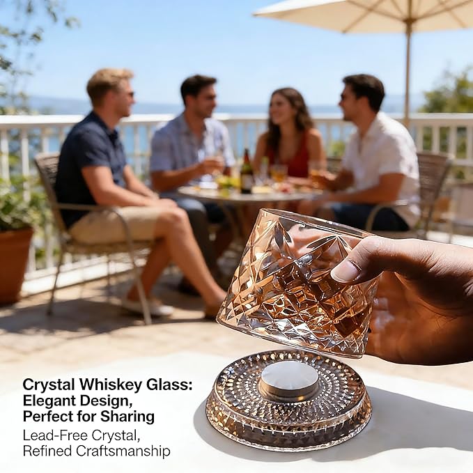 Rotating Whiskey Glass with Base for 360-Degree Rotation 9 Oz Old Fashioned Spinning Whiskey Glasses for Scotch Cocktail Rum Cognac Vodka Liquor, Unique Gifts for Men (Diamond)